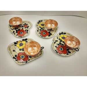8 pc vintage Japan  snack/lunch set 4 plates and 4 cups floral bridge set